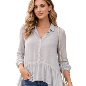 a.n.a Ruffle Hem Blouse Long Sleeve Button Down Top Gray Size M